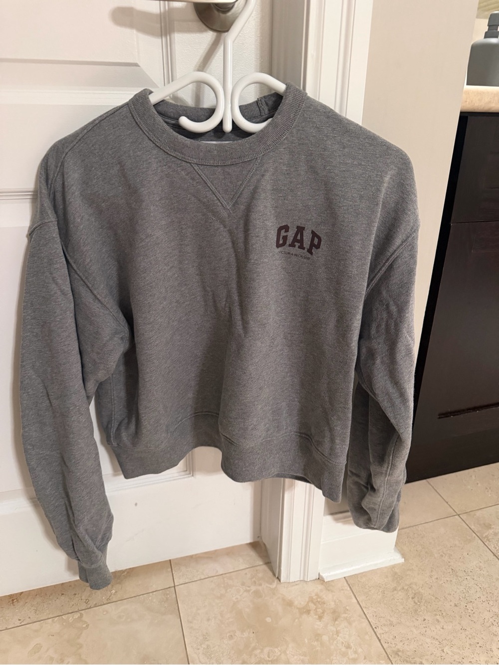 GAP Gray Crewneck Sweatshirt with Maroon Victoria Beckham Logo
